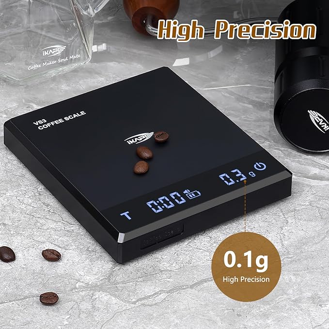 IKAPE Digital Coffee Scale with Timer, 2kg/0.1g High Precision Rechargeable Drip Espresso Scale with Tare Function, LED Display(Black)