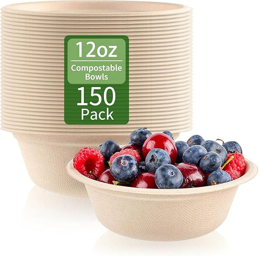 150 Pack 12 oz Paper Bowls Disposable Compostable Soup Bowls Natural Sugarcane Biodegradable Bowls for Ice Cream, Desserts, Pet Food