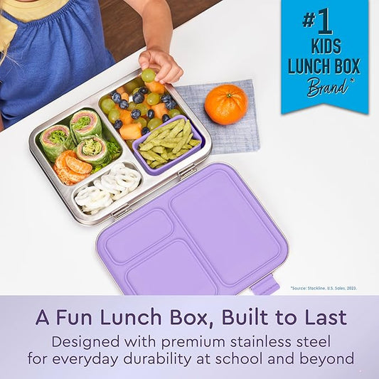 Bentgo Kids Stainless Steel Prints Leak-Resistant Lunch Box - 3-Compartments with Bonus Silicone Container, Durable, Eco-Friendly, Dishwasher Safe, BPA-Free, Ideal for School, Ages 3+ (Unicorn)