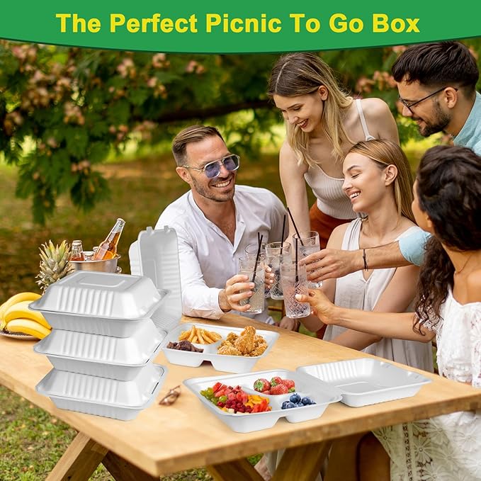 9x9 To Go Containers With Lids, 100 Pack Food Containers Disposable, Compostable Take Out Containers, 3-Compartment Heavy Duty Paper Container, Biodegradable Bagasse To Go Boxs For Food