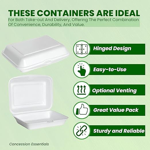 Concession Essentials Pack of 30CT 9" x 6.5" x 1.5" Inch Foam 1-Compartment Containers, White, Hinged, with Optional Venting, Polystyrene