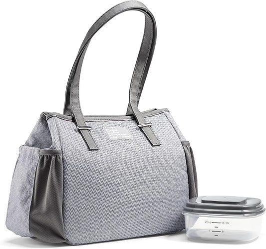 Fit & Fresh Insulated Lunch Bag for Women, Large Lunch Box With Container, Stain-Resistant, Lightweight, for Work - Copley Kit, Gray Tweed