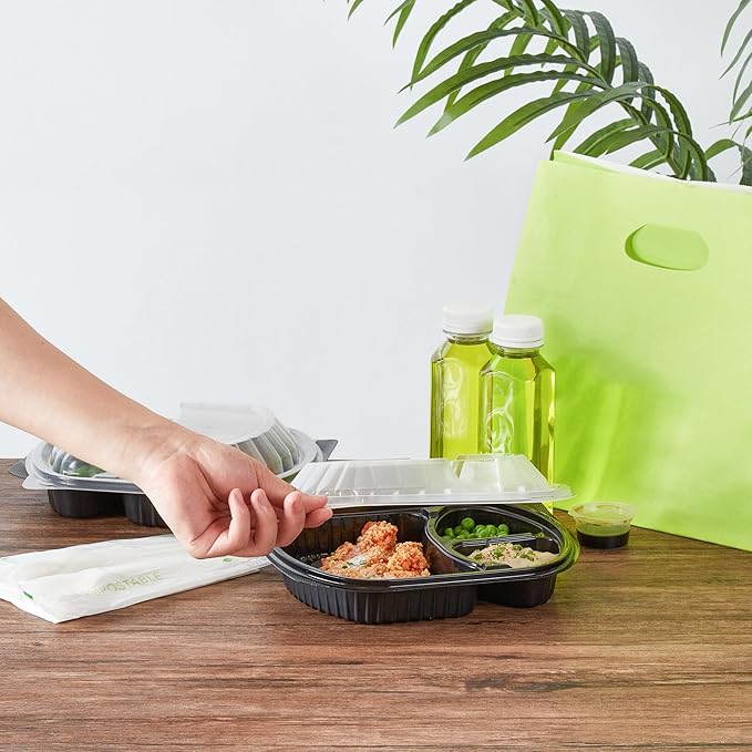 Restaurantware RW Base 27 Ounce Meal Prep Containers, 50 Microwavable To Go Containers With Lids - 3 Compartments, Disposable, Black Plastic Oval Food Containers, For Hot And Cold Food, Freezable