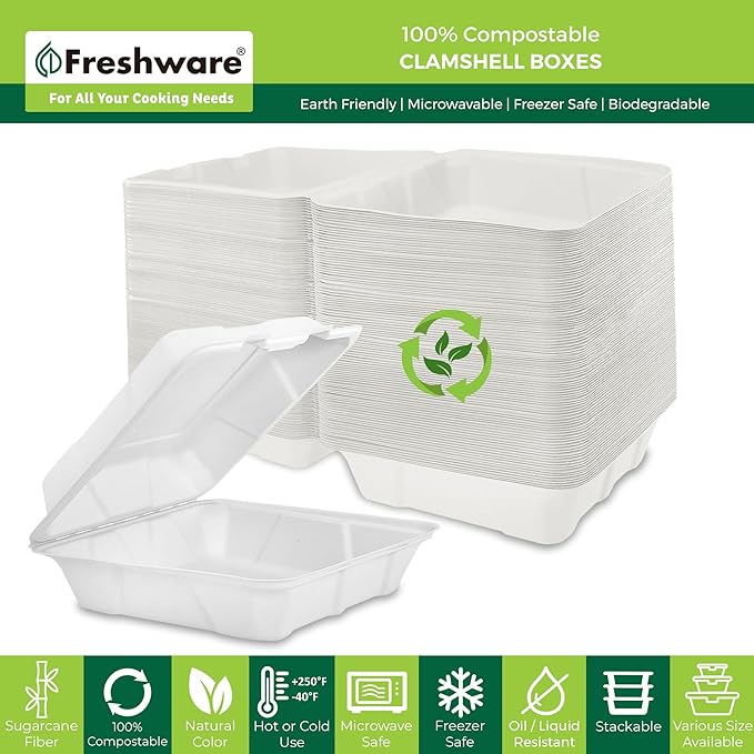Freshware Compostable Clamshell Food Containers [8x8" 200-Pack] Disposable To Go Containers, Biodegradable Sugarcane To Go Boxes - Heavy Duty Paper Containers - Microwave & Freezer Safe, Stackable