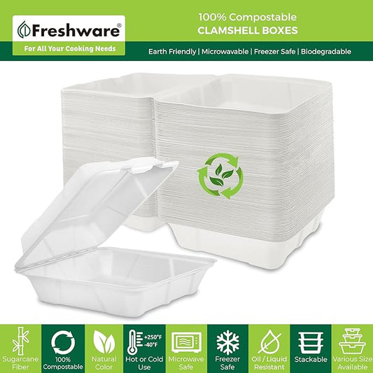 Freshware Compostable Clamshell Food Containers [8x8" 200-Pack] Disposable To Go Containers, Biodegradable Sugarcane To Go Boxes - Heavy Duty Paper Containers - Microwave & Freezer Safe, Stackable