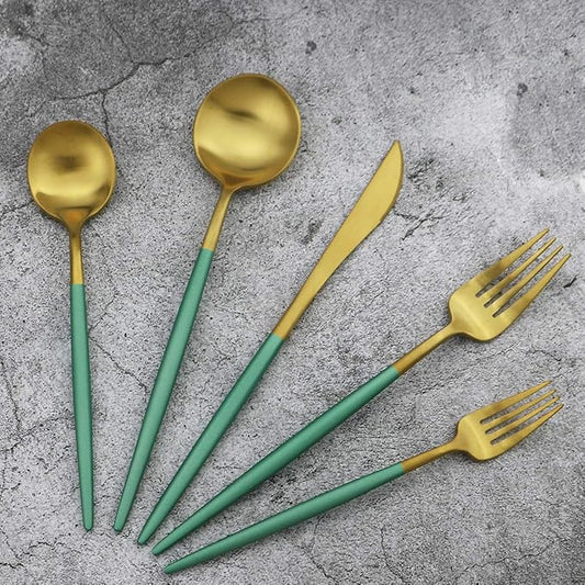 20-Piece 18/10 Stainless Steel Flatware Silverware, Luxury Dinnerware Set Travel Cutlery Tableware Include Knife Fork Spoon Service for 4, Dishwasher Safe (Green Handle Matte Gold)