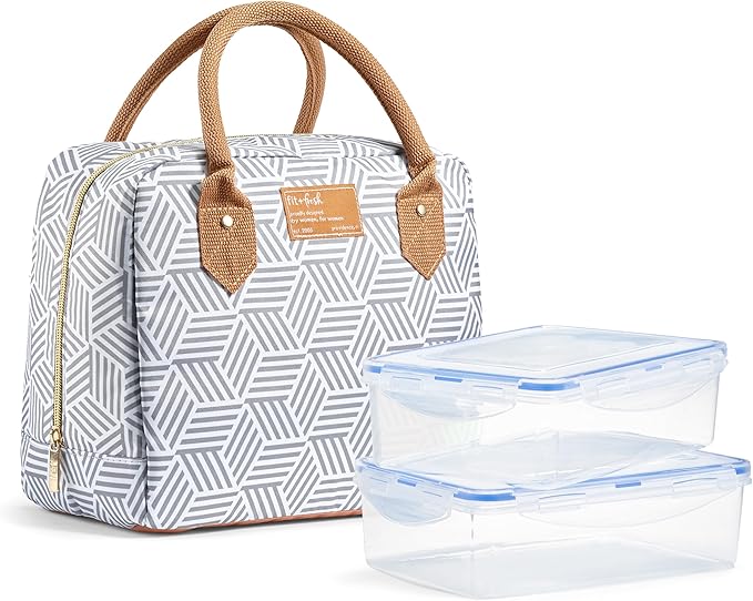 Fit & Fresh Lunch Bag For Women, Insulated Womens Lunch Bag For Work, Leakproof & Stain-Resistant Large Lunch Box For Women With Containers, Zipper Closure Bloomington Bag, Gray Seaport