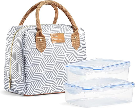 Fit & Fresh Lunch Bag For Women, Insulated Womens Lunch Bag For Work, Leakproof & Stain-Resistant Large Lunch Box For Women With Containers, Zipper Closure Bloomington Bag, Gray Seaport