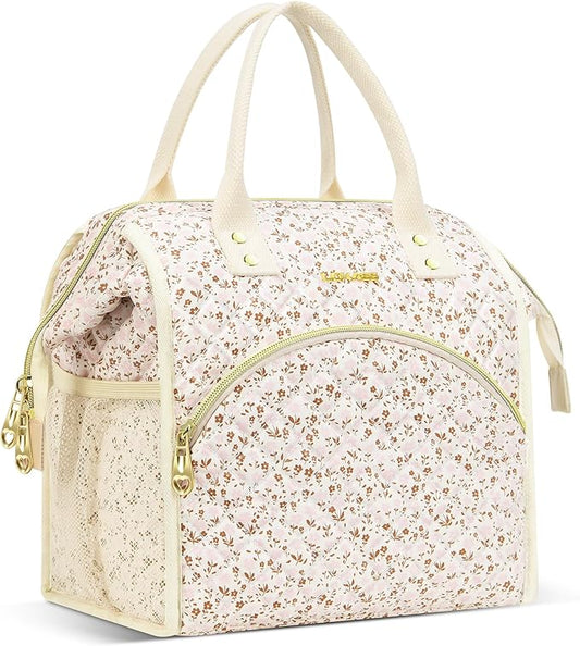 LOKASS Insulated Lunch Bag Women- Reusable 10 L Lunch Box for Women - Leakproof Tote Cooler Bag for Adults Work, Beach, Travel, Picnic （White Small Florals）