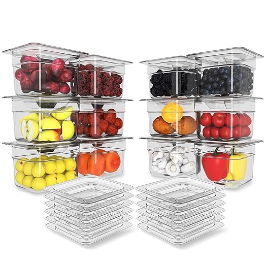 6 Pack Plastic Food Pan with Lid 1/6 Size 2.5 Inch Deep Restaurant Clear Food Storage Containers Polycarbonate Commercial Hotel Pans for Fruits Vegetables Beans Corns (12 PCS, 2.5'' Deep)