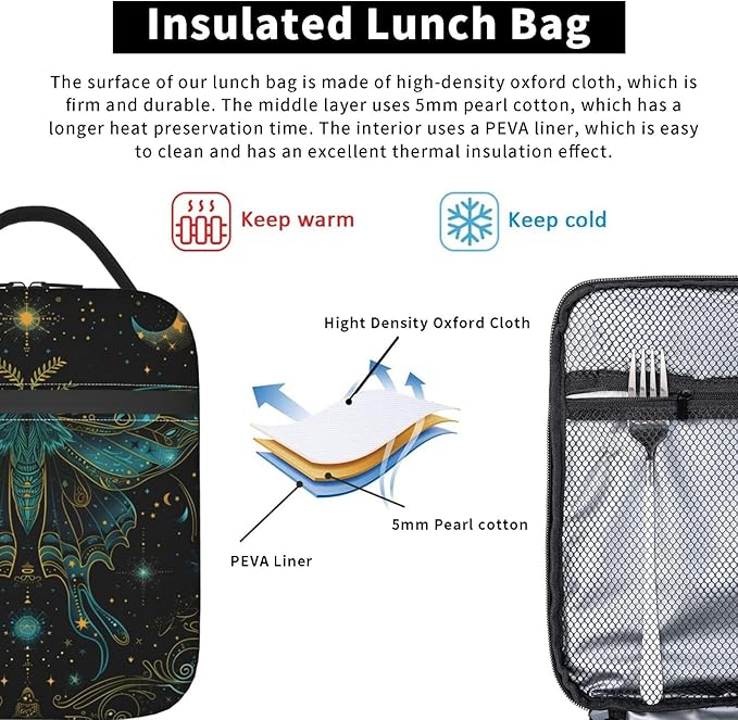 Insulated Lunch Box for Kids Boys Girls, Reusable Lunch Bag for School, Office, Work, Picnic, Travel, Mystical Celestial Moth Moon Lunch Box