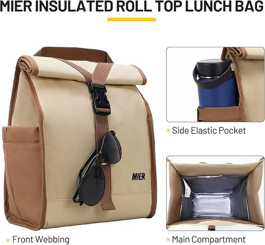 MIER Insulated Lunch Bag Roll Top Lunchbox for Women Men Adults Foldable Rolltop Lunch Tote with Shoulder Strap for Work Office Picnic, Water Bottle Holder, Khaki