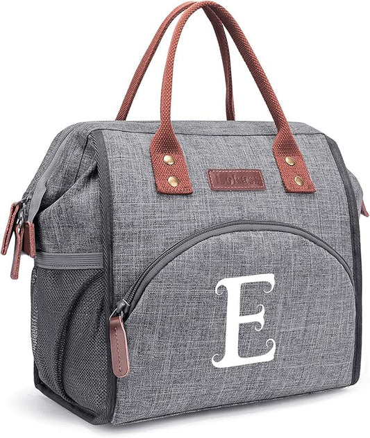 Personalized Lunch Box for Women, Initial Reusable Insulated Lunch Bag, Wide-Open Adult Lunchbox Cooler Lunchbag Snack Organizer, Initial Leakproof Lunch Tote Bag for Picnic Work Outdoors Grey - E