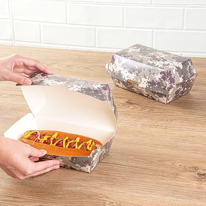 Restaurantware Bio Tek 6.7 x 3.5 x 3.5 Inch Clamshell Food Containers 100 Disposable Sandwich Containers - Hinged Lid Tab-Lock Closure Camouflage Paper Hot Dog Containers Durable Greaseproof