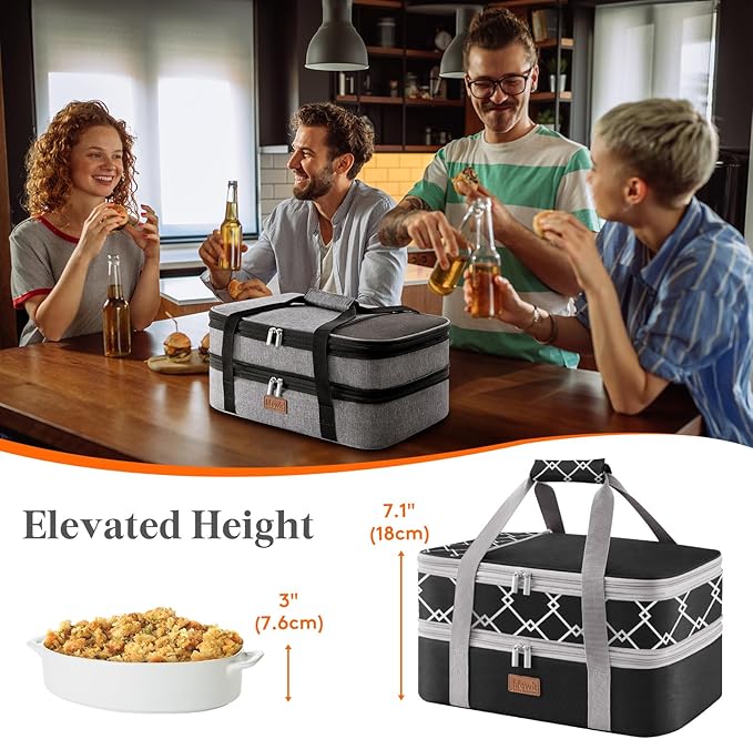 Lifewit Expandable Insulated Casserole Carrier for Hot or Cold Food, Double Decker Food Bag Lasagna Holder Carry Tote for Potluck Parties/Picnic/Cookouts, Fits 9"x13" Baking Dish, Black-Geometric