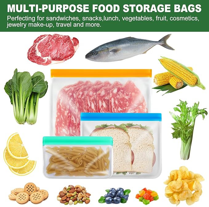20 Pack Reusable Food Storage Silicone Bags, 6 Large Food Storage Bags Gallon Freezer Bags 7 Reusable Sandwich Bags Zip Lock 7 Snack Bags, Lunch Home Kitchen Fridge Organization Meal Prep Containers