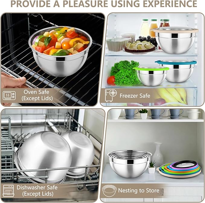 P&P CHEF Mixing Bowl with Lid Set, Stainless Steel Nesting Salad Bowls for Cooking Serving Prepping, Clear Lids & Stackable Design, Size 4.6, 3.5, 3, 2, 1.5, 1, 0.7 Qt - Multicolor, Set of 7