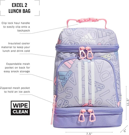 adidas Excel Lunch Bag, Cooler with Zipper, Pocket for Ice Pack, and Clip, Temperature Control Insulation, Adi Comp Silver Violet/Light Purple/Pink Spark, One Size