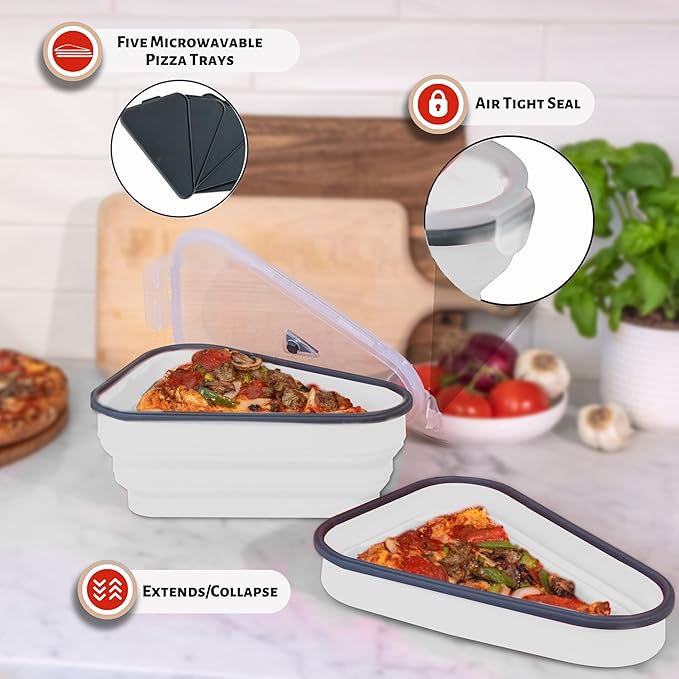 PIZZA PACK The Perfect Reusable Pizza Storage Container with 5 Microwavable Serving Trays - BPA-Free Adjustable Pizza Slice Container to Organize & Save Space, 2 Pack, White