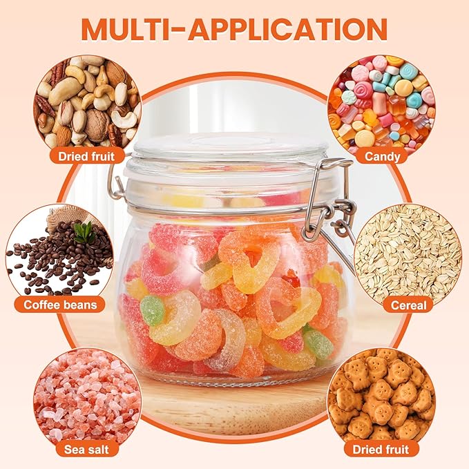 17 oz Glass Jars with Airtight Lids And Leak Proof Rubber Gasket, Wide Mouth Mason Jars with Hinged Lids for Kitchen Canning Cereal,Pasta,Sugar,Beans,Spice, Glass Storage Containers, Set of 6