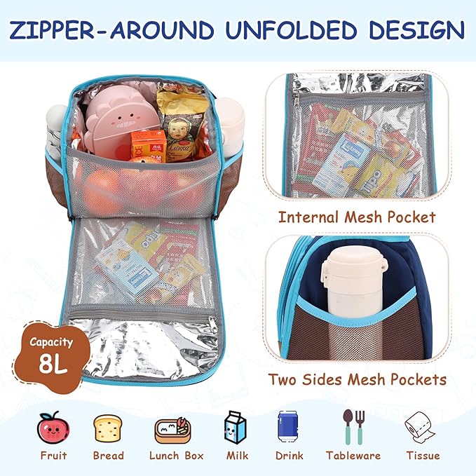 VASCHY Lunch Bag for Kids, Boys Cute Reusable Insulated Large Lunch Box Container for Daycare School Kindergarten Preschool Brown Navy