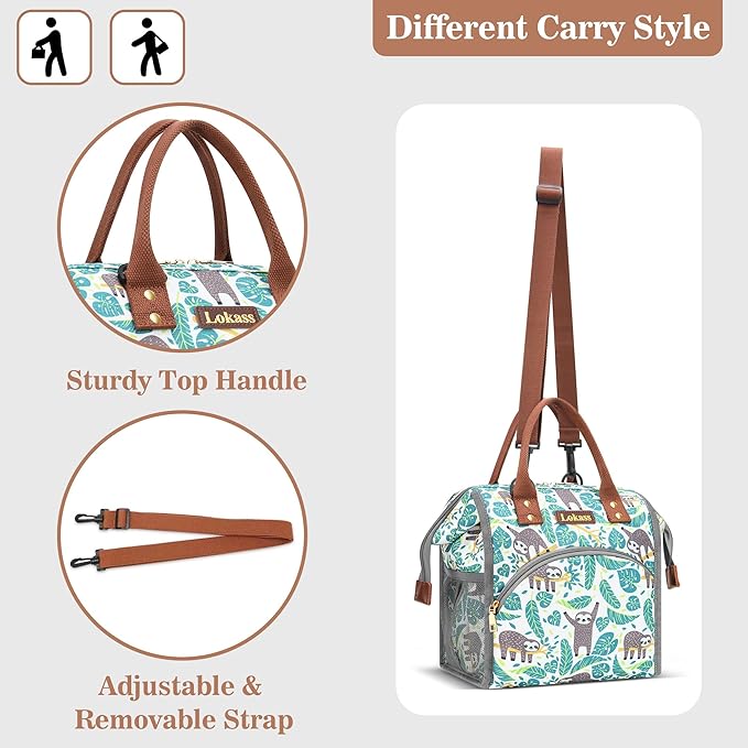 LOKASS Lunch Bag Insulated Lunch Box Wide-Open Lunch Tote Bag Large Drinks Holder Durable Nylon Snacks Organizer with Removable Shoulder Strap for Women Men Adults Work Outdoor,Sloth