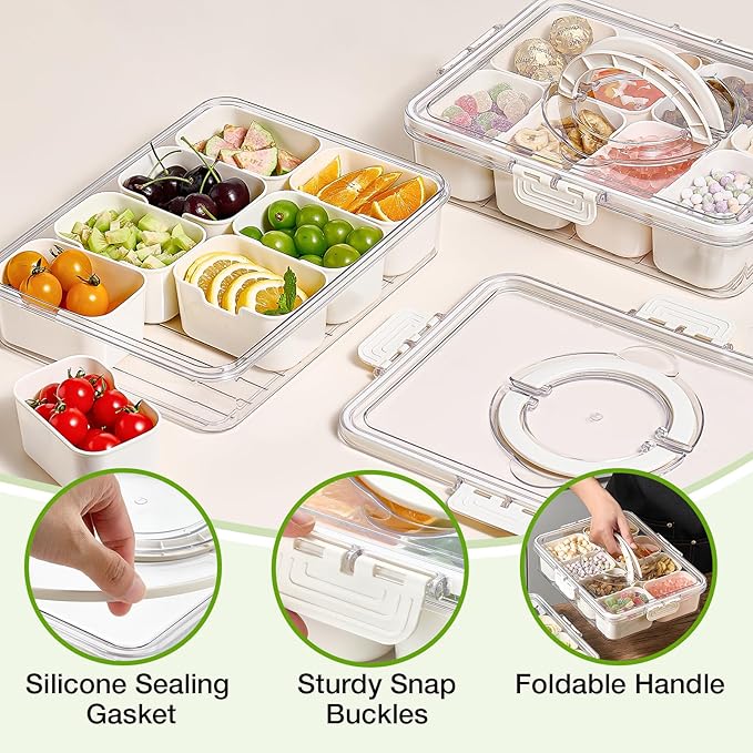 Mfacoy Snackle Box Container, 2 Pack Divided Serving Tray with Lid and Handle, Snack Box Charcuterie Container for Portable Snack Platters, Clear Organizer for Candy, Fruits, Travel, Party, Picnic