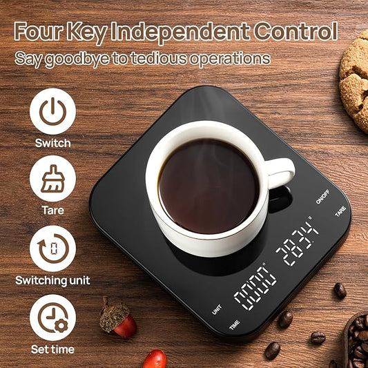Coffee Scale with Timer,3KG/0.1g Accuracy Precise Measurement,Four-Button Independent Control,Type-C Charger,Easy-to-Operate Digital Coffee Weight Scale for Pour Over Café-Black