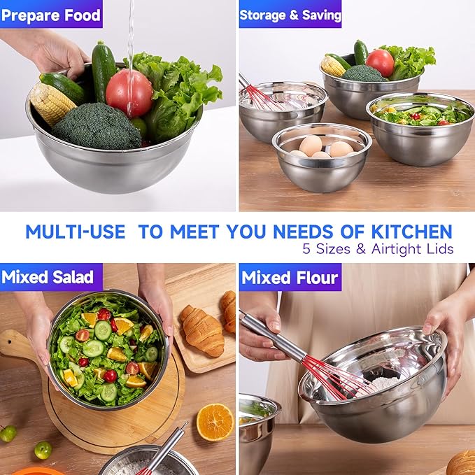 Mixing Bowls Set of 5,Stainless steel Nesting Bowls with Airtight Lids,Size 5, 4, 3.5, 2, 1.5QT for Baking,Cooking,Prepping and Saving Food (BLUE, 25PCS)