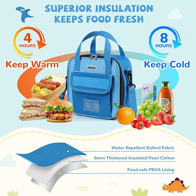 REDSHELL Tactical Lunch Box Kids, Large Insulated Lunch Bag for Boys Girls, Cooler Lunchbag, Square Toddler Lunchbox, School Daycare Lunch Tote Pail with Water Bottle Holder Shoulder Strap, Dark Blue