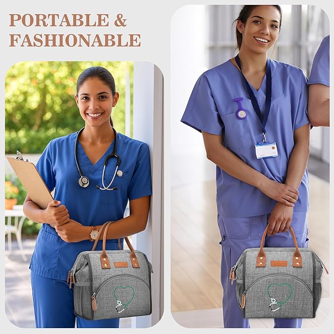 LOKASS Nurse Lunch Bag for Women, Embroidered Lunch Box with Special Nursing Design, Insulated Lunch Tote Ideal for Nurse Gifts, Neutral Grey
