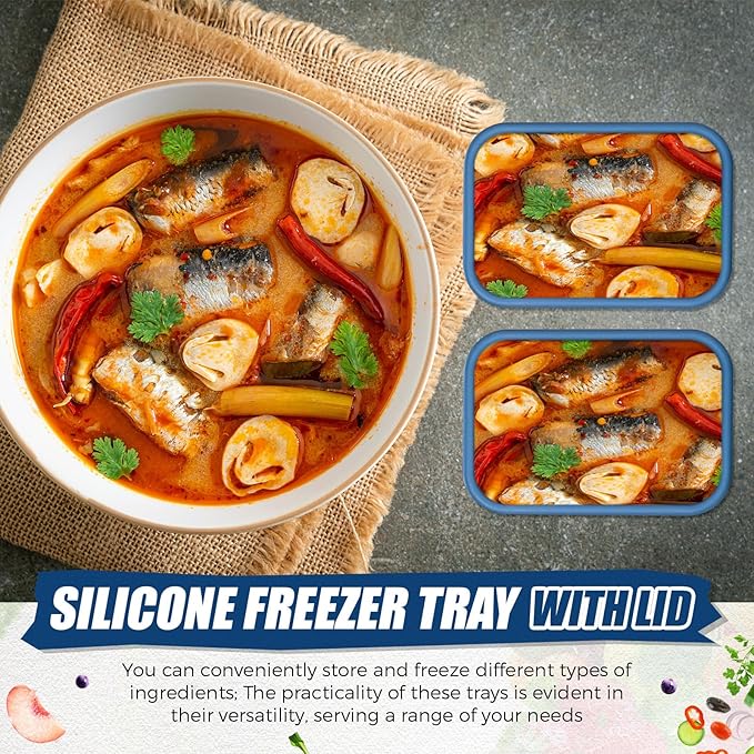 Nuogo 8 Pcs 1 Cup Silicone Freezer Trays with Lid Silicone Soup Molds Rectangle Soup Freezer Containers Reusable Food Preserving Tray Ice Trays for Soups Sauces Stews(Dark Blue)