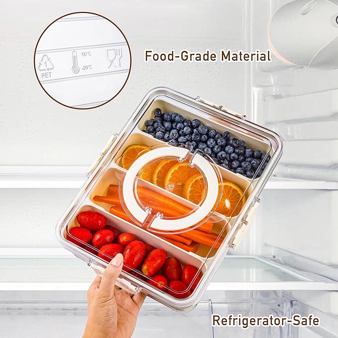 Bandesun Divided Serving Tray with Lid and Handle - Snackle Box Charcuterie Container for Portable Snack Platters - Clear Organizer for Candy, Fruits, Nuts, Snacks,4-grid