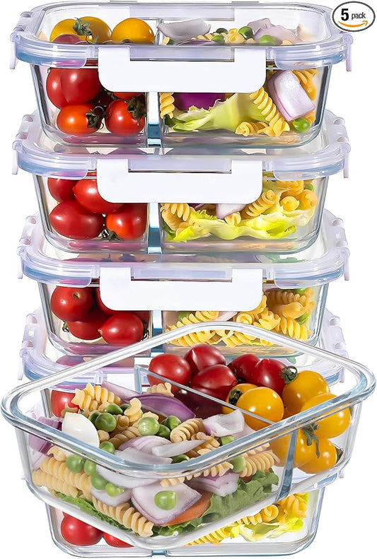 MFY 5-Pack 36 OZ Glass Storage Containers with Lids, Glass Meal Prep Containers 2 Compartment Set, Airtight Glass Lunch Containers with Lids, Microwave, Oven, Freezer and Dishwasher Safe, White