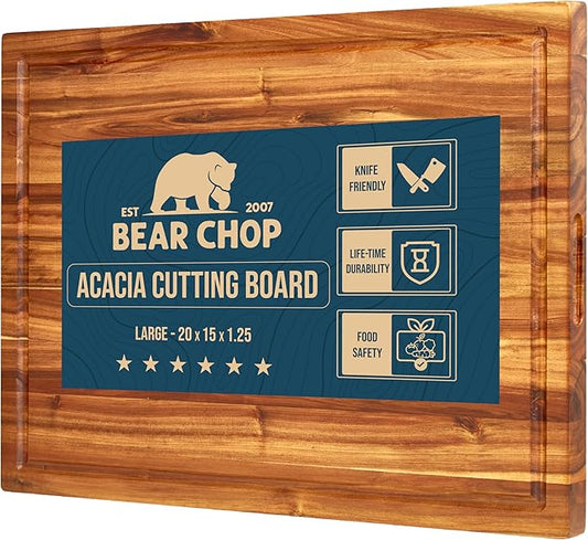 Bearchop Acacia Wood Cutting Boards for Kitchen, [20" x 15" x 1.25"] Large Edge Grain Cutting Boards, Solid Wood Butcher Block Cutting Board with Juice Grooves and Handle,Knife Friendly and Reversible