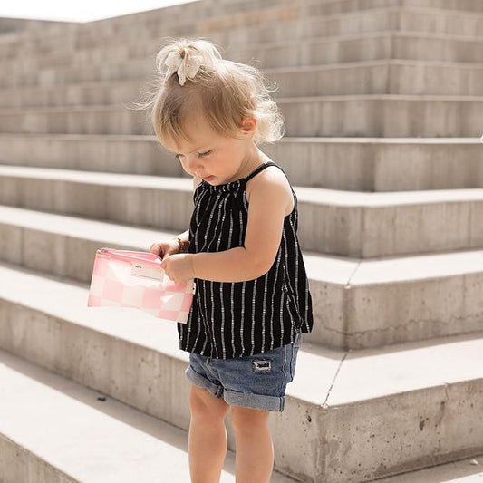 Tiny Twinkle 5 Pack Reusable Snack Bags - Machine Washable, PFAS, PVC, BPA, Phthalate-Free Reusable Baby and Toddler Food Safe Snack Bags (Checkers Pink Brown)