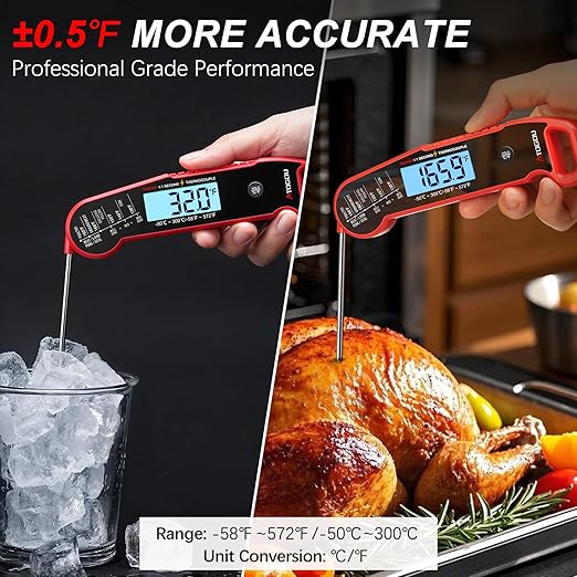 Professional Food & Meat Thermometer, 1 Sec Instant Read & ±0.5℉ Accuracy Driven by Thermocouple Sensor. IP67 Waterproof Digital Thermometer for Cooking, BBQ, Grilling. Gifts for Him Dad. Red