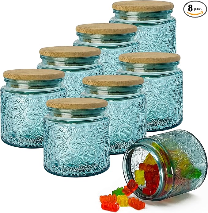 12 oz Decorative Glass Storage Jars with Airtight Bamboo Lids - 8 Pack Blue - Sunflower Embossed Spice, Candle & Home Organizer Set