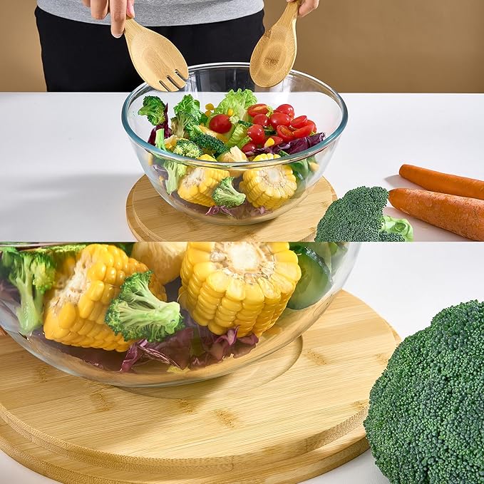 Glass Salad Bowl, 10.6" Salad Bowl with Bamboo Lid, Glass Mixing Bowls, Serving Bowls, Large Salad Bowls Set with Utensils, Trifle Bowl Fruit Bowl for Salad, Pasta, Fruit, Desserts