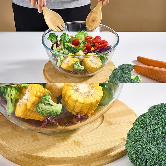 Glass Salad Bowl, 10.6" Salad Bowl with Bamboo Lid, Glass Mixing Bowls, Serving Bowls, Large Salad Bowls Set with Utensils, Trifle Bowl Fruit Bowl for Salad, Pasta, Fruit, Desserts