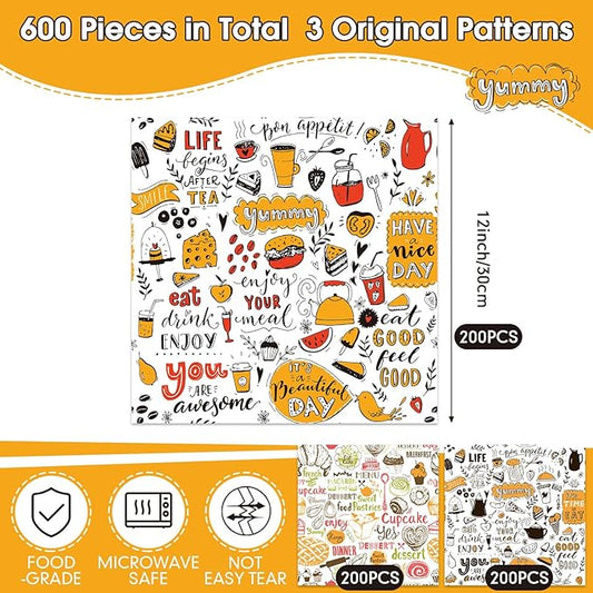 Fumete 600 Pcs 12 x 12 Inch Deli Paper Sheets Bulk Grease Proof Sandwich Wrapping Paper Disposable Kraft Food Tray Basket Liners for Picnic BBQ Festival Party Restaurant Supply, 3 Style Patterns