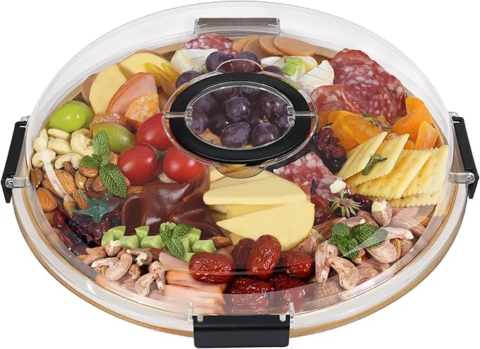 Round Charcuterie Board with Clear Lid, Travel Picnic Portable Cheese Board Charcuterie Boxes, Meat Fruit Serving Tray Platter, House Warming Gifts New Home, Gifts for Women