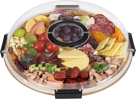 Round Charcuterie Board with Clear Lid, Travel Picnic Portable Cheese Board Charcuterie Boxes, Meat Fruit Serving Tray Platter, House Warming Gifts New Home, Gifts for Women