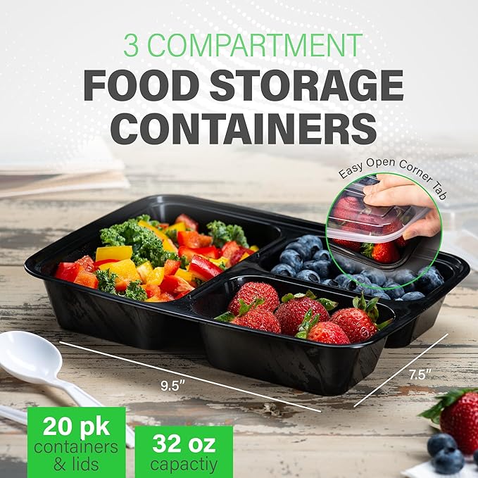 Ez Prepa [20 Pack] 32oz 3 Compartment Meal Prep Containers with Lids - Bento Box - Plastic - Stackable, Reusable, Microwaveable & Dishwasher Safe