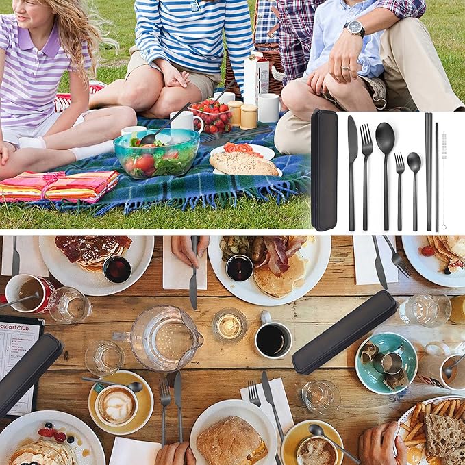 AARAINBOW 6 Pieces Stainless Steel Flatware Set Portable Reusable Cutlery Set Travel Utensils Set Including Chopsticks Knife Fork Spoon Straws Cleaning Brush Dishwasher Safe (B-Black)