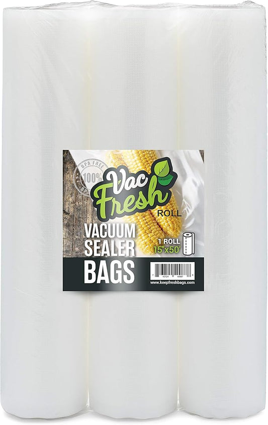 Vac Fresh Food Vacuum Seal Rolls (15" x 50', 3 Rolls) 3.5mil Embossed Food Storage Bags, Vacuum Seal Bags for Meal Prep, Sous Vide Bags for Cooking (150 Feet)