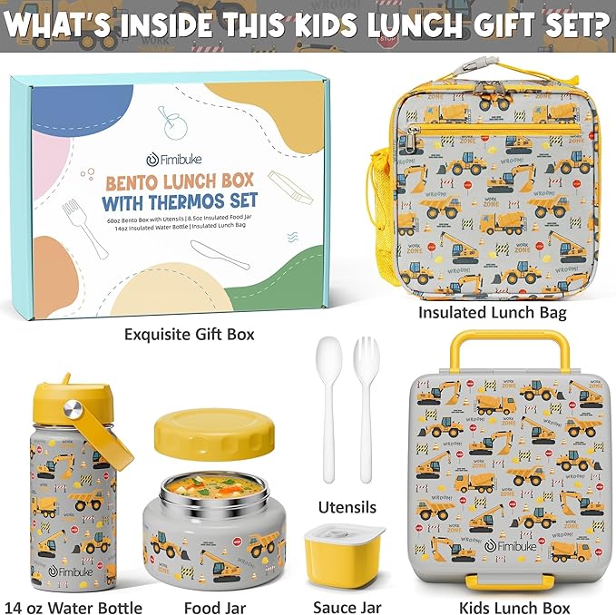 Fimibuke Bento Box for Kids Adult - Leakproof 3-4 Compartments Lunch Bento Box Set with Insulated Thermos Food Jar, Water Bottle, Lunch Bag, Sauce Cup & Cutlery for Toddler Teen Shcool Girl Boy Age 3+