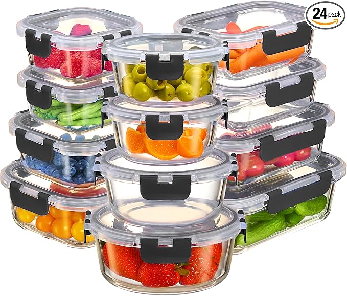FineDine Glass Storage Containers with Lids - Leak Proof, Dishwasher Safe Glass Food Storage Containers for Meal Prep or Leftovers (Black, 24 Piece)