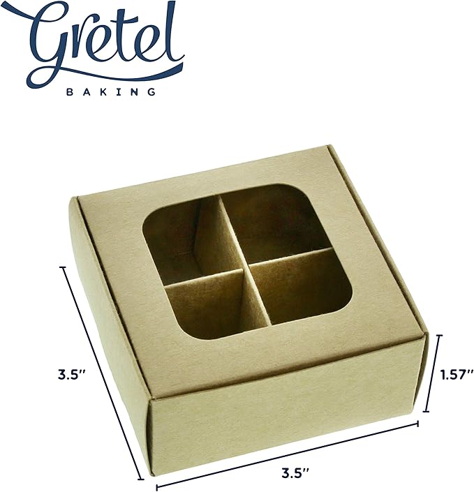 GRETEL BAKING Treat boxes with window and dividers | 4 X-SMALL compartments | 3.5 x 3.5 x 1.57 in | Empty candy boxes for gift giving, truffle box - perfect for Valentine's Day | 20-pack (Kraft)