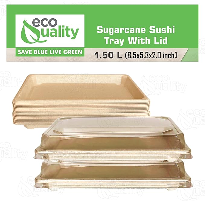EcoQuality X-Large Compostable Sushi Trays with Lids - Natural Sugarcane Bagasse Take Out Sushi Container - Biodegradable, Disposable Sushi Plate with Lid, Eco Friendly, To go, Serving Tray (100)